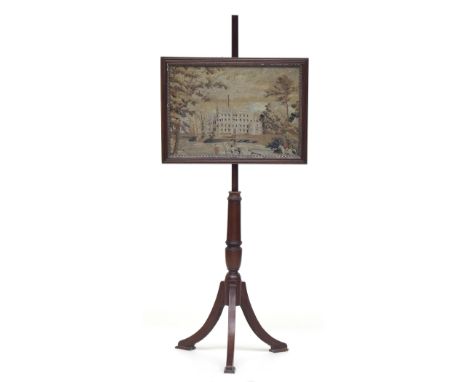 A 19th century mahogany framed and glazed pole screen with a gros point panel of a Country House, possibly Sezincote, 117cmHP