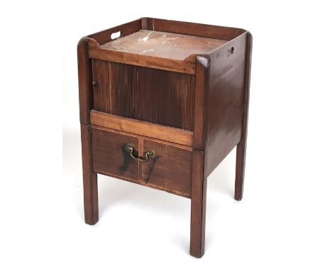 George III mahogany bedside cabinet, the full gallery top with pierced hand holds, over a sliding tambour door and converted 