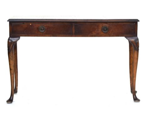 A George I style rectangular walnut side table, fitted with two frieze drawers on lappet carved cabriole legs, 110cmWProvenan
