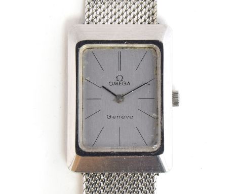 A GENTLEMAN'S STAINLESS STEEL RECTANGULAR OMEGA GENEVE WRIST WATCH Circa 1970, REF 511.0476, SILVERED DIAL STRAIGHT PAINTED M