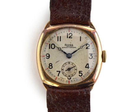 A GENTLEMAN'S GOLD PLATED RONE SPORTSMAN'S WRIST WATCHCIRCA 1940s, SEGMENTED DIAL, ARABIC NUMERALS, BLUED BREGUET HANDS, SUB 
