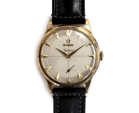 A GENTLEMAN'S 9CT GOLD OMEGA GENEVE WRIST WATCH DATED 1956, SILVER TWO-TONE CROSS HAIR DIAL, DAUPHINE HANDS, SUB SECONDS, DAG