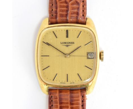 A GENTLEMAN'S STEEL AND GOLD PLATED RECTANGULAR LONGINES WRIST WATCH CIRCA 1970s, REF 86610612, CHAMPAGNE DIAL, APPLIED BATON
