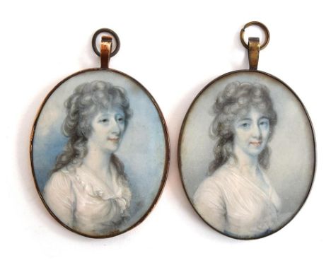 Manner of John Hazlitt. Miniature portrait of Miss Fanny Boswell and her sister with powdered hair and white dress, each oval