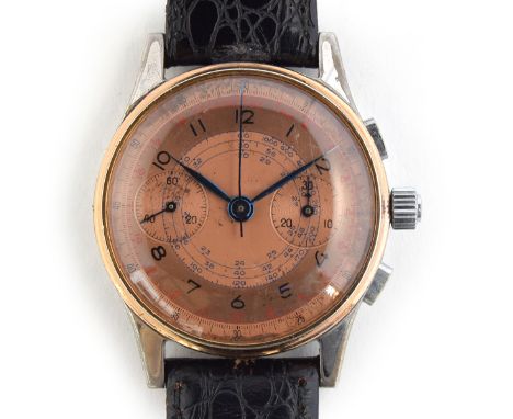 A GENTLEMAN'S STEEL AND GOLD FILLED CHRONOGRAPH WRIST WATCH CIRCA 1950s, Salmon pink dial, telemeter scale, painted arabic nu