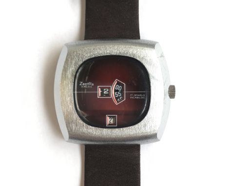 A CHROMED STEEL ZENTRA ANCRE WRIST WATCH CIRCA 1970s, 'JUMP HOUR' with date aperture Movement: 17J, manual wind, incabloc. Ca