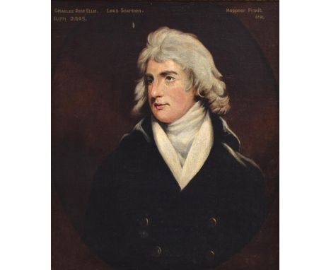 Manner of John Hoppner. Portrait of Charles Rose Ellis, Lord Seaford, half length, in a brass buttoned coat, feigned oval, wi