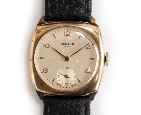 A GENTLEMAN'S 9CT GOLD VERTEX REVUE WRIST WATCH CIRCA 1950s. Movement: 15J, manual wind, cal 59, signed VERTEX REVUE Swiss.Ca