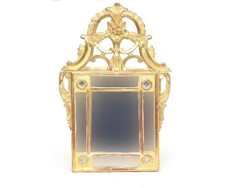 A pair of Italian Directoire giltwood wall mirrors, the square plate with rectangular borders and pierced rocaille and cornuc
