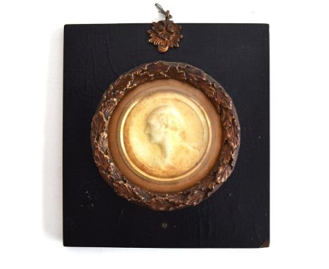 A 19th century wax cast portrait medallion of Lord Seaford (1771 - 1845), circular, 5.5cmD, i laurel ormolu-mounted ebonised 
