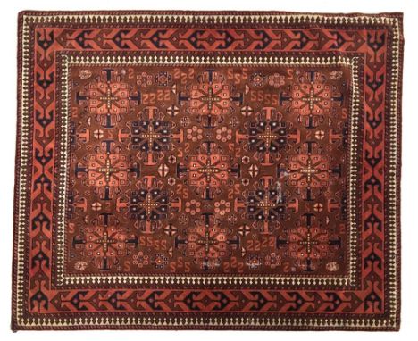 Two cotton and woolen pile Dutch table rugs, in reddish toned Turkish carpet patterns, one with some moth damage (154 x 128 c