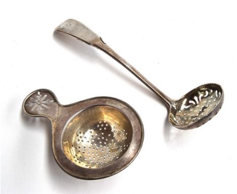 A George III Scottish sugar sifter, by Alexander Henderson, Edinburgh 1813; together with a tea strainer, Hawksworth, Eyre & 