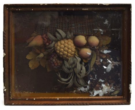 A Victorian woven felt collage picture of fruits in a basket, in contemporary frame, 50x59cmProvenance: from the estate of El