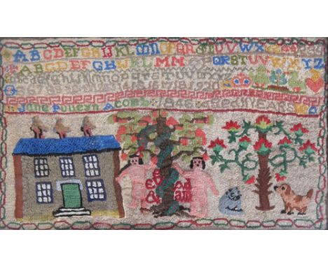 A Victorian sampler, the alphabet and numbers above 'Jane Pulleyn Acomb, 1846, aged 11 years', depicting Adam and Eve', 22x37