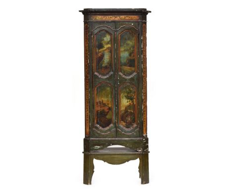 A late 18th century North Italian cupboard painted with vedute panels to the two panel doors and sides, flanked by flower pai