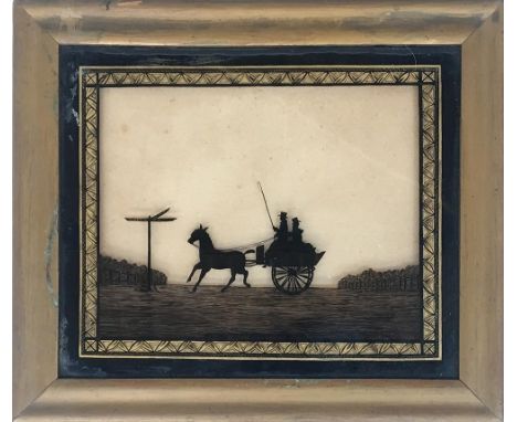 A Regency reverse glass painted silhouette, circa 1800, of horse and buggy , the passengers on their way to Epsom, 24.5x29cmP