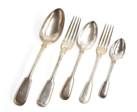 A Sheffield plate fiddle and thread pattern part table service, monogrammed 'S', to include table forks (12), desert forks (5