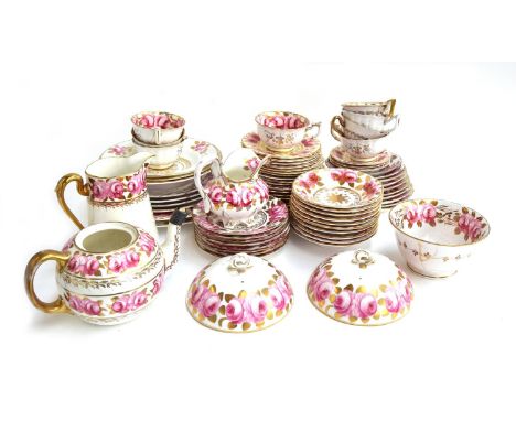 A harlequin Spode pink rose and parcel gilt pattern part tea service, comprising an ovoid teapot and cover, a milk jug, a hot