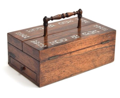 A Victorian rosewood desk set, the mother of pearl inlaid top opening from the centre to reveal pen holder, two inkwells, and