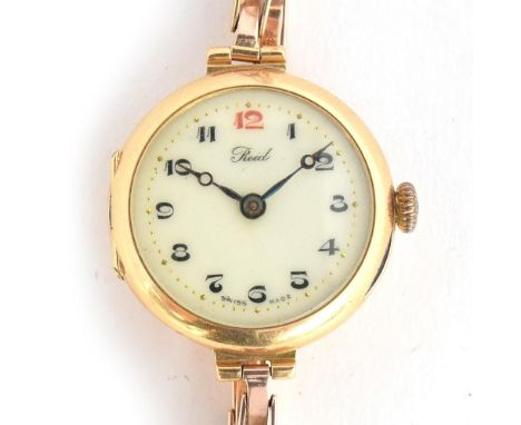 A LADIES 18CT GOLD REID BRACELET WATCH CIRCA 1910/20s, PORCELAIN DIAL, PAINTED ARABIC NUMERALS, BREGUET HANDS. Movement: manu