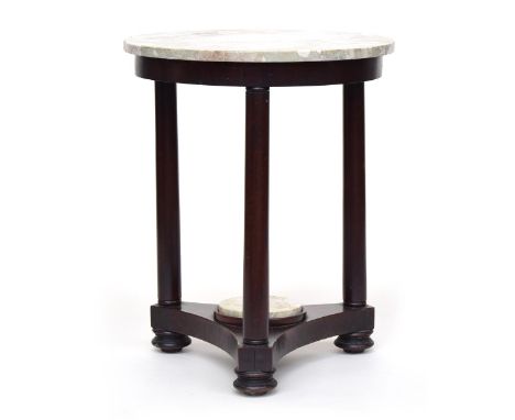 An Empire mahogany circular occasional table, with later marble top and marble insert to the lower tier, on triple column sup