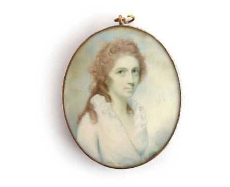 Attributed to Charles Robertson. Miniature portrait of a lady, bust-length, with long curly hair, in white dress, oval, 5.5cm