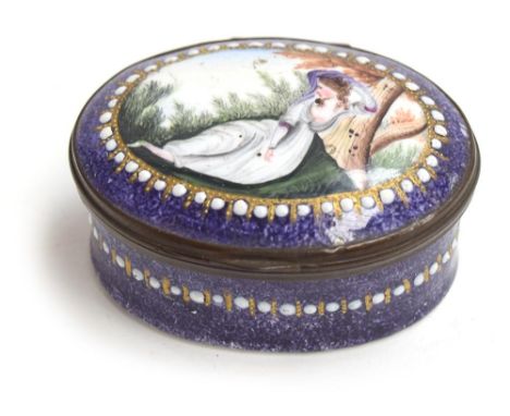 A Staffordshire oval enamel path box, the cover painted with a lady reclining against a tree trunk, deep lavender ground with