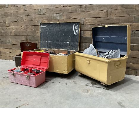 Painted pine tool chest, painted tin trunk, two other boxes compete with tools and contents