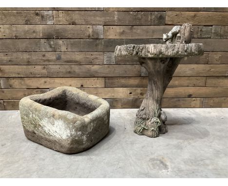Small 19th century square stone trough and a cast stone bird bathDimensions: Height:&nbsp;26cm&nbsp; Length/Width:&nbsp;48cm&
