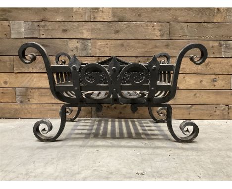 Heavy cast iron ornate strapwork fire dog grate, removable grate, scrollwork detailDimensions: Height:&nbsp;41cm&nbsp; Length