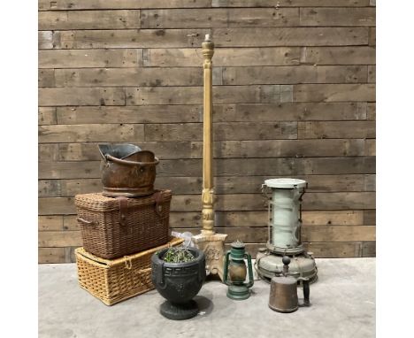 Aladdin paraffin lamp, lamp and burner, coal scuttle, painted standard lamp, stone mortar planter and two wicker baskets
