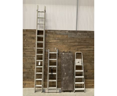 Pair of extending ladders (3.5m), pair Abru step ladders and a pair of two 6 rung platform ladders (3)