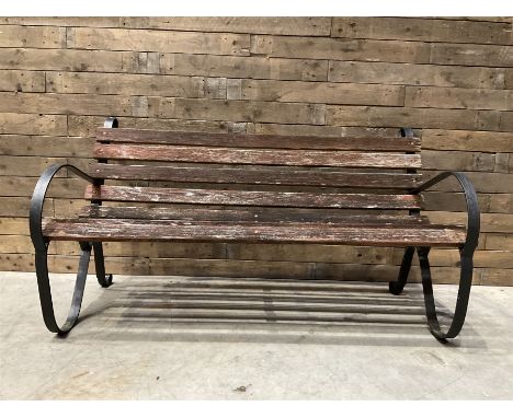 Early 20th century black painted wrought iron and wood slatted garden benchDimensions: Height:&nbsp;83cm&nbsp; Length/Width:&