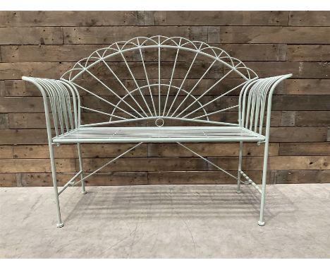 Wrought metal two seat garden bench, sunburst back, painted in pale green finishDimensions: Height:&nbsp;98cm&nbsp; Length/Wi