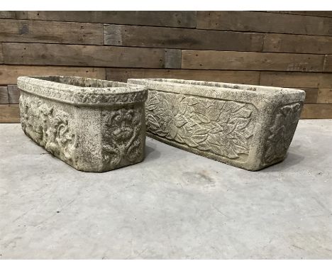 Ornate cast stone rectangular garden planter, lion mask and swag detail, and s similar planter (2)Dimensions: Height:&nbsp;26