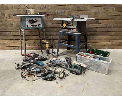 Ryobi table saw, Clarke table saw and a collection of power tools