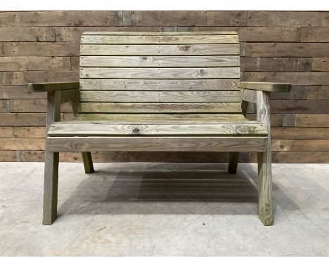 Solid pine slatted two seat garden bench Dimensions: Height:&nbsp;99cm&nbsp; Length/Width:&nbsp;121cm&nbsp; Depth/Diameter:&n