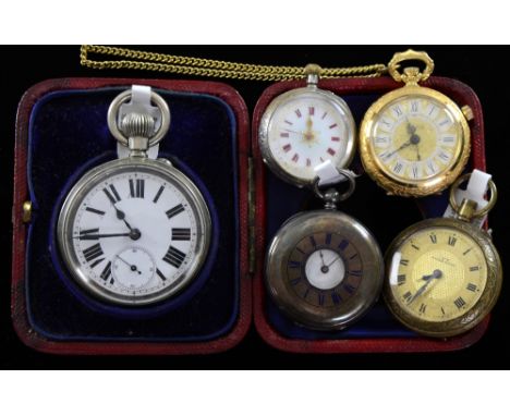 Continental lady's silver pocket watch another in silver with enamel face two gilt metal cased  travel clocks and four wristw