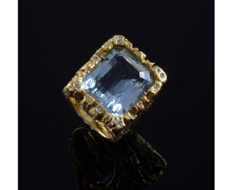 Anton Fruhauf,  large aquamarine and gold dress ring, in naturalistic setting, step-cut aquamarine weighing approximately 30c