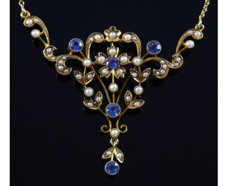 An Edwardian necklace set with seed pearl  and light sapphire in 15 ct gold