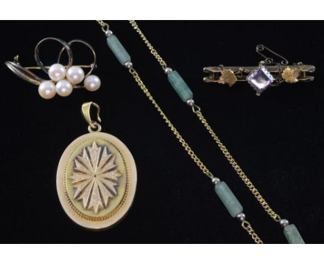 Late Victorian gold amethyst set brooch, a yellow metal locket, necklace of Fluorite bars and a silver gilt pearl set brooch