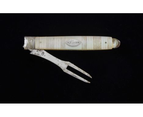 Georgian silver folding fruit fork with mother of pearl banded handle