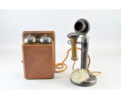 1920's Bakelite candlestick telephone, No. 150, black painted dome base, with original cables and bell box,