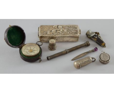 Edward VII silver pocket barometer by F. D. & Co., London, 1908, in fitted case, silver cheroot holder holder, box embossed w