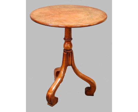 19th century style burr walnut occasional table column support to tripod base by Arthur Brett & Son diameter 56cm 69cm Proven