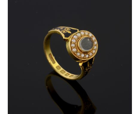 Memorial ring in gold and enamel, set with seed pearls, in 'memory of ' in gold letters to the shank, and  ' my Dear Husband'