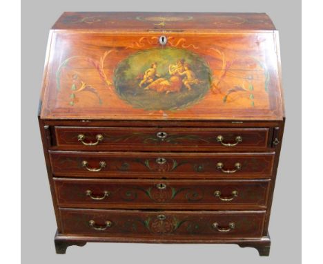 19th century mahogany bureau with painted decoration, fall flap revealing pigeon holes, cupboard door and drawers, above four