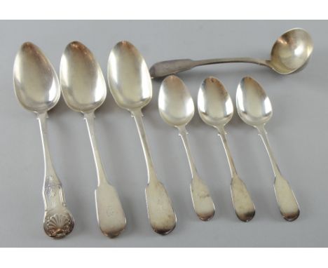 Pair of William IV silver fiddle pattern tablespoons, by Charles Boyton I, London, 1834, another tablespoon, sauce ladle and 