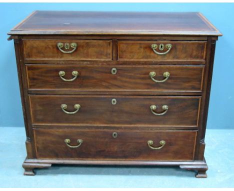 19th century mahogany and satinwood crossbanded chest of two short over three long graduated drawers on ogee bracket feet, 85