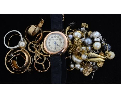 Collection of jewellery, including a ladies  gold watch, three pairs of gold hoop earrings, gold S initial pendant gold signe